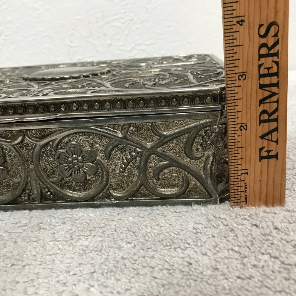 Vintage Godinger Silver Plated Ornate Floral Jewelry Box Red Velvet Lined Large
